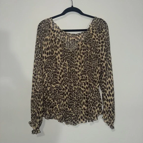 Rebecca Taylor Leopard‎ Print Tiered Blouse Smocked Neck Metallic Gold Accents - Picture 4 of 4